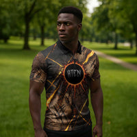 Aten Zipper Polo Shirt Ancient Egyptian Cracked Stone Hieroglyph, Solar Eclipse Emblem, and Radiant Sunburst - Wonder Print Shop