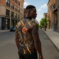 Aten Zipper Polo Shirt Ancient Egyptian Cracked Stone Hieroglyph, Solar Eclipse Emblem, and Radiant Sunburst - Wonder Print Shop