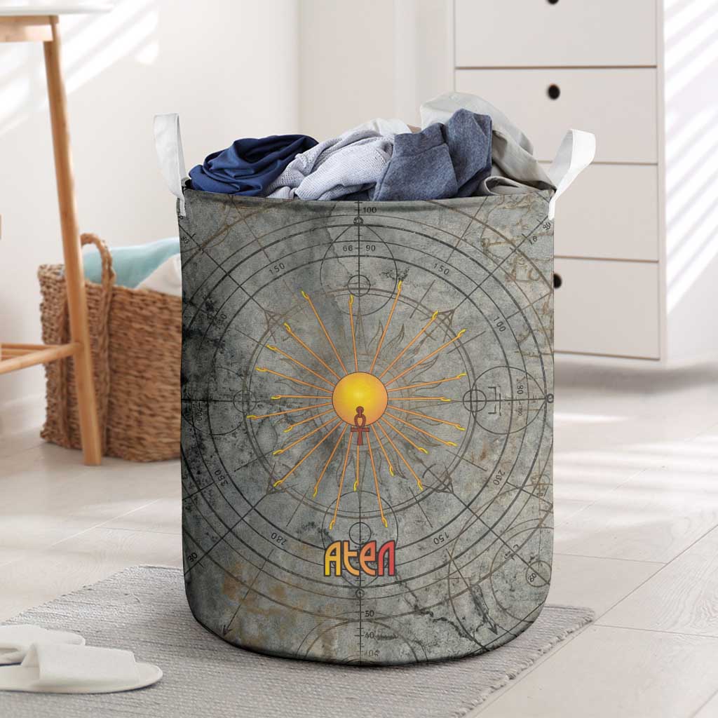 Aten Ancient Egyptian Laundry Basket with Gray Astronomical Chart, Radiant Sun Disc Emblem, and Ankh - Wonder Print Shop