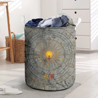 Aten Ancient Egyptian Laundry Basket with Gray Astronomical Chart, Radiant Sun Disc Emblem, and Ankh - Wonder Print Shop