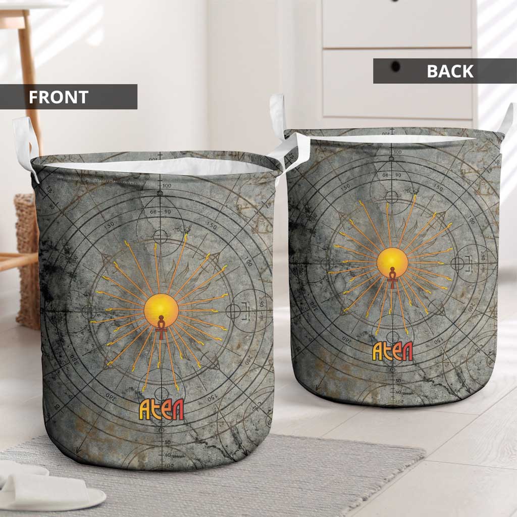 Aten Ancient Egyptian Laundry Basket with Gray Astronomical Chart, Radiant Sun Disc Emblem, and Ankh - Wonder Print Shop