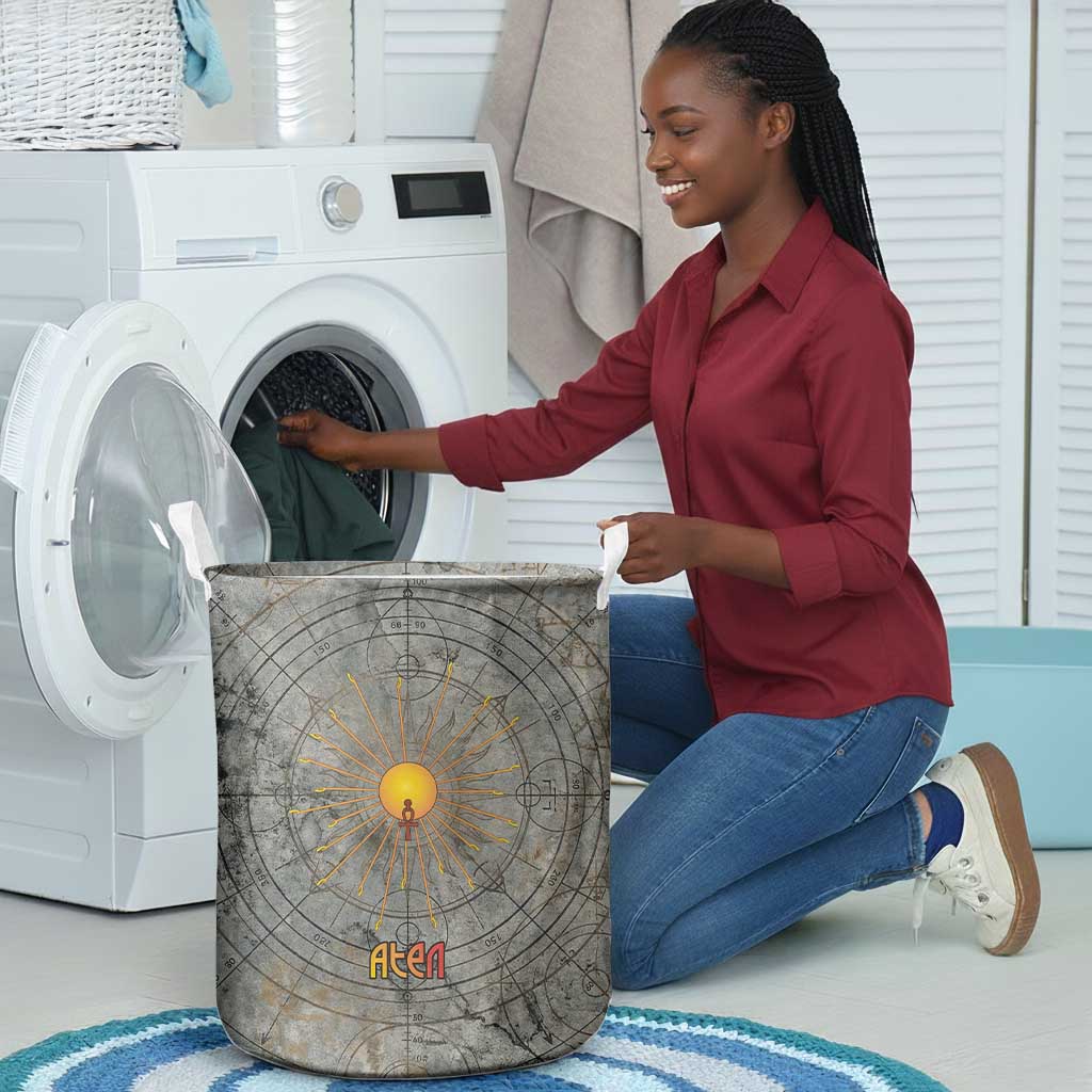 Aten Ancient Egyptian Laundry Basket with Gray Astronomical Chart, Radiant Sun Disc Emblem, and Ankh - Wonder Print Shop