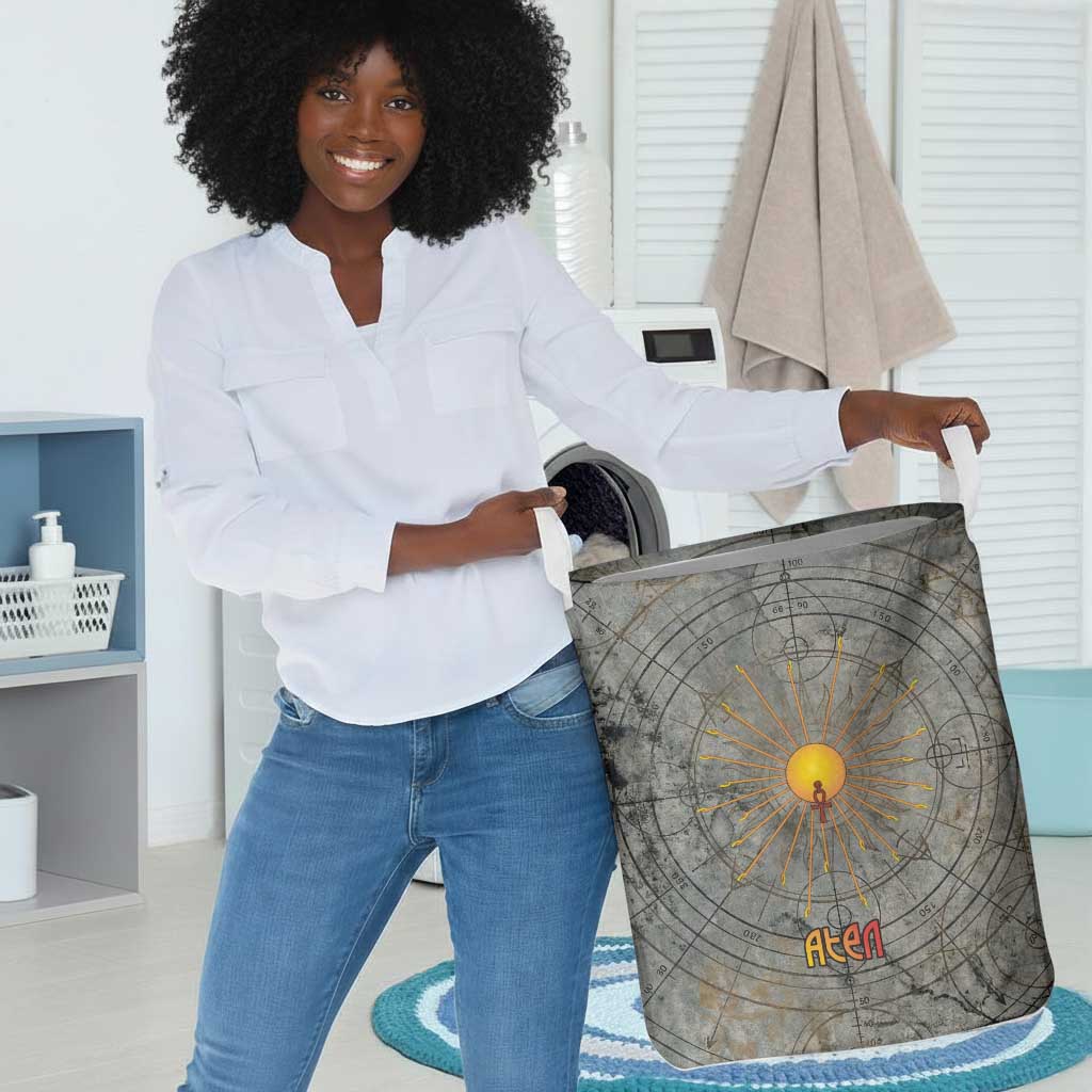 Aten Ancient Egyptian Laundry Basket with Gray Astronomical Chart, Radiant Sun Disc Emblem, and Ankh - Wonder Print Shop
