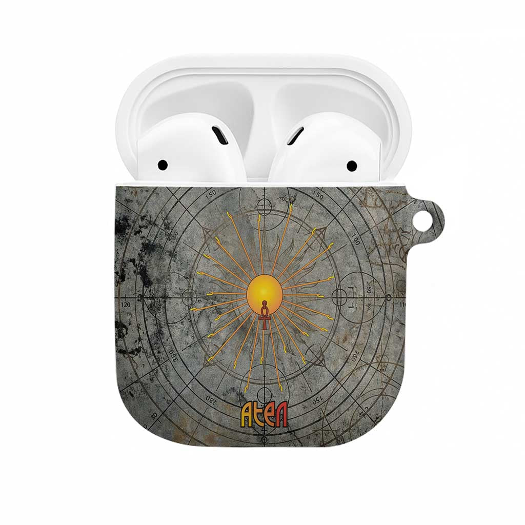 Aten Ancient Egyptian AirPods Case with Gray Astronomical Chart, Radiant Sun Disc Emblem, and Ankh - Wonder Print Shop