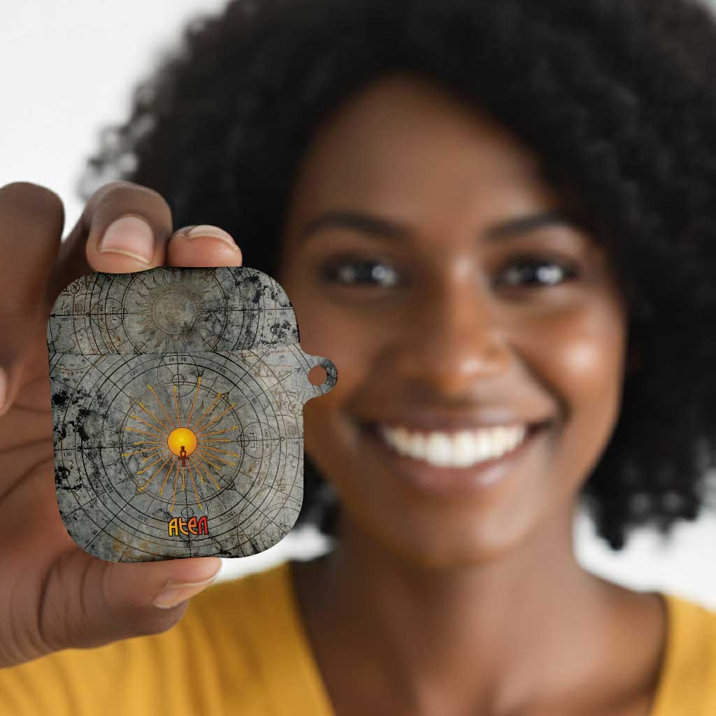 Aten Ancient Egyptian AirPods Case with Gray Astronomical Chart, Radiant Sun Disc Emblem, and Ankh - Wonder Print Shop