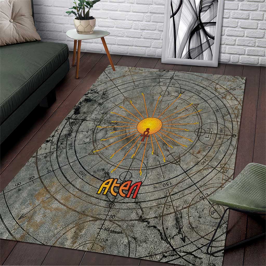 Aten Ancient Egyptian Area Rug with Gray Astronomical Chart, Radiant Sun Disc Emblem, and Ankh - Wonder Print Shop