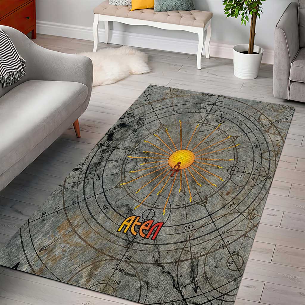 Aten Ancient Egyptian Area Rug with Gray Astronomical Chart, Radiant Sun Disc Emblem, and Ankh - Wonder Print Shop