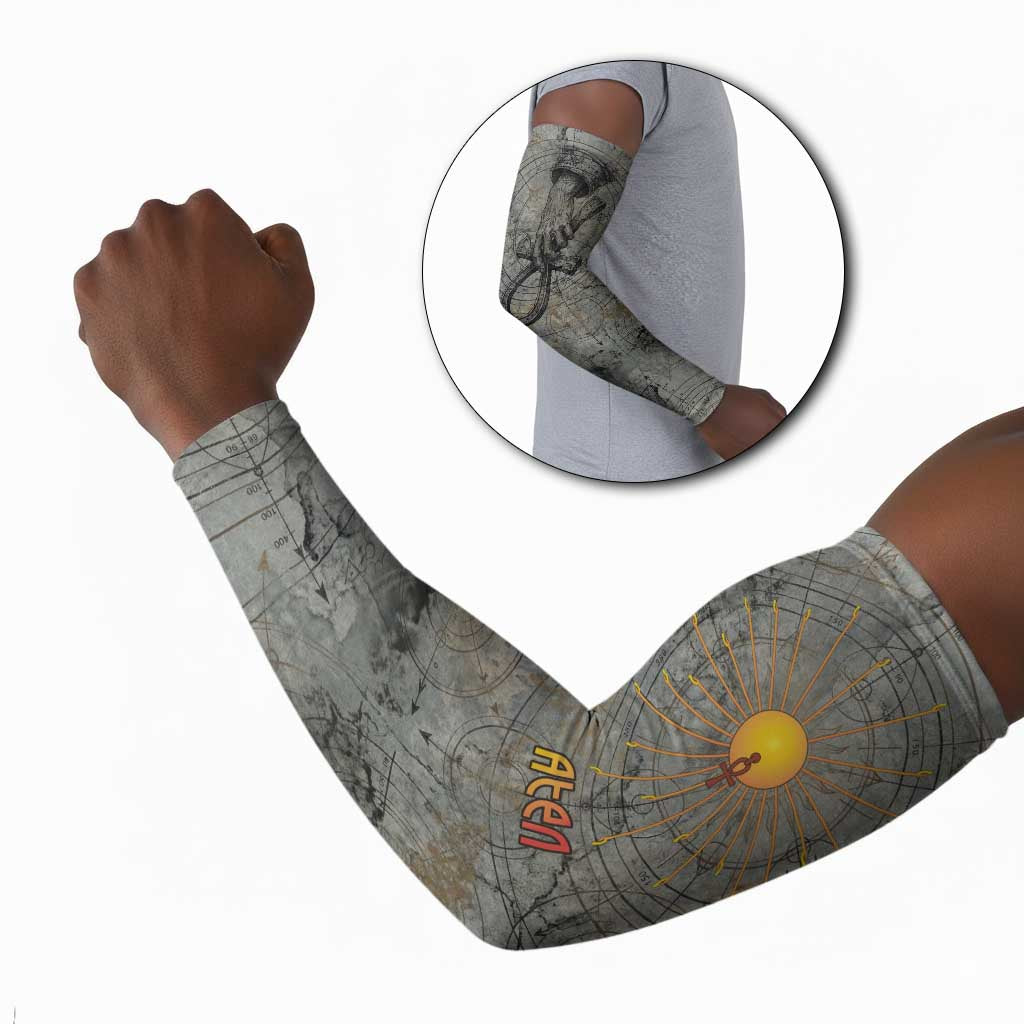 Aten Ancient Egyptian Arm Sleeves with Gray Astronomical Chart, Radiant Sun Disc Emblem, and Ankh - Wonder Print Shop