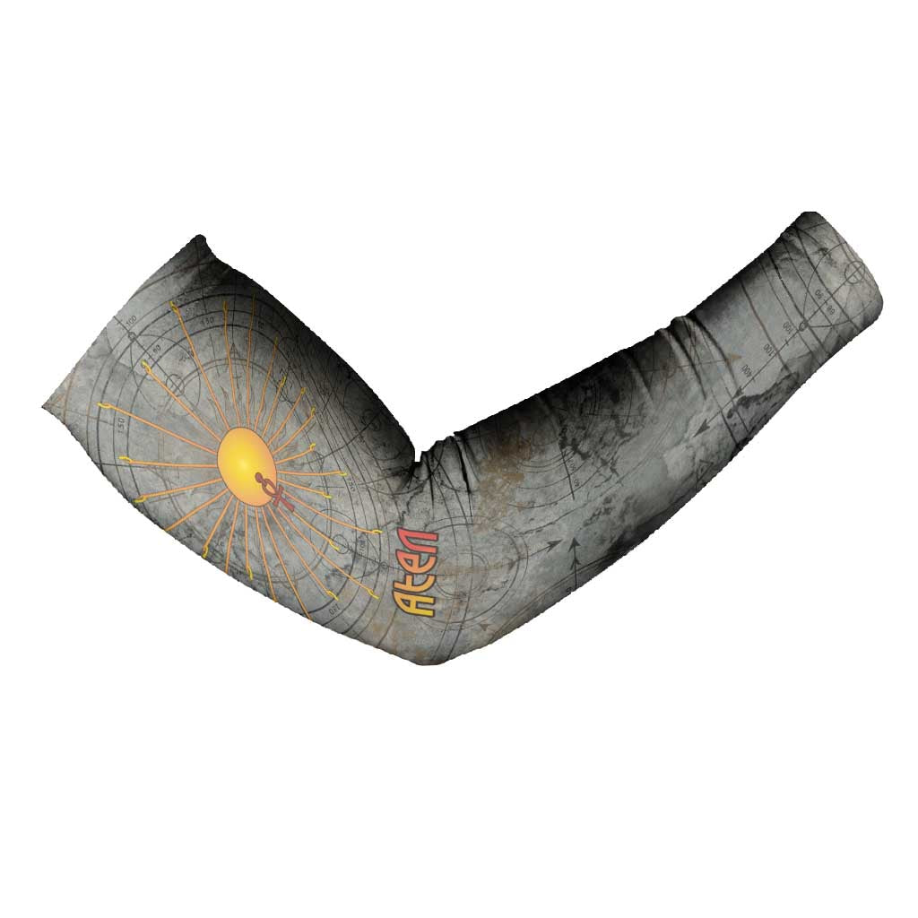 Aten Ancient Egyptian Arm Sleeves with Gray Astronomical Chart, Radiant Sun Disc Emblem, and Ankh - Wonder Print Shop