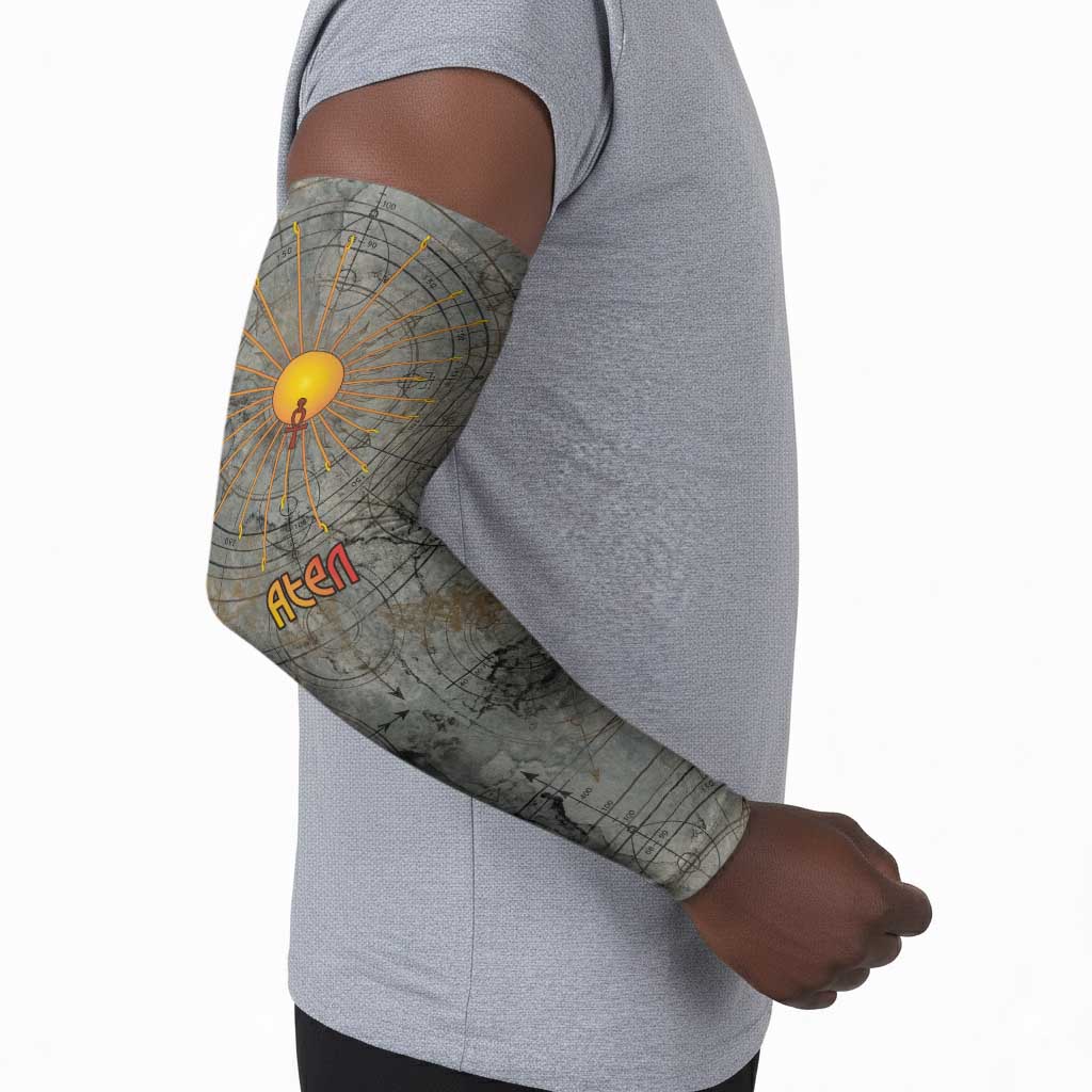 Aten Ancient Egyptian Arm Sleeves with Gray Astronomical Chart, Radiant Sun Disc Emblem, and Ankh - Wonder Print Shop