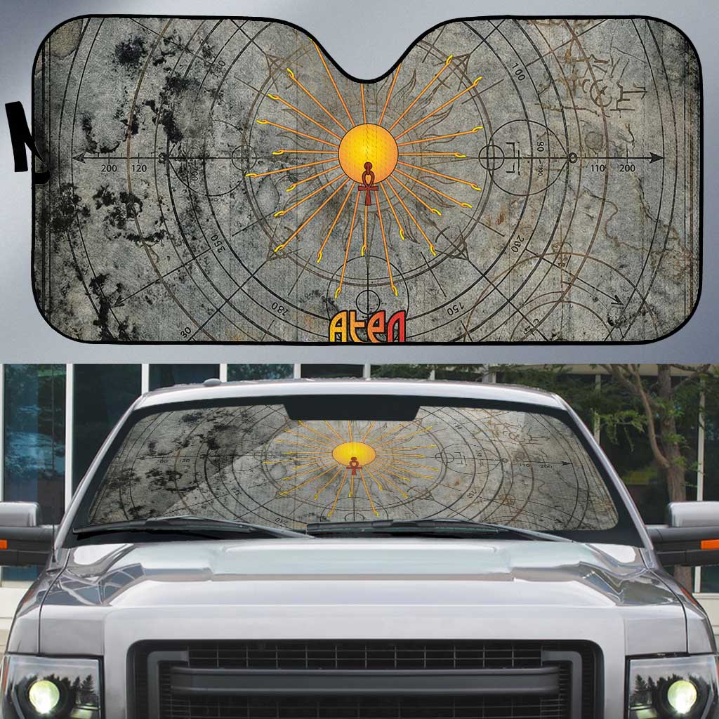 Aten Ancient Egyptian Auto Sun Shade with Gray Astronomical Chart, Radiant Sun Disc Emblem, and Ankh - Wonder Print Shop