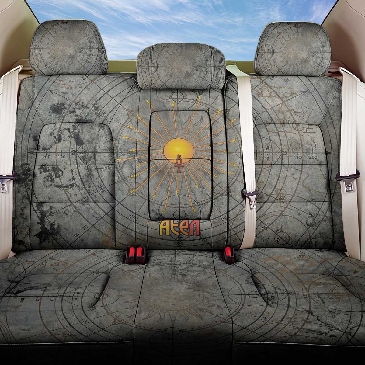Aten Ancient Egyptian Back Car Seat Cover with Gray Astronomical Chart, Radiant Sun Disc Emblem, and Ankh - Wonder Print Shop