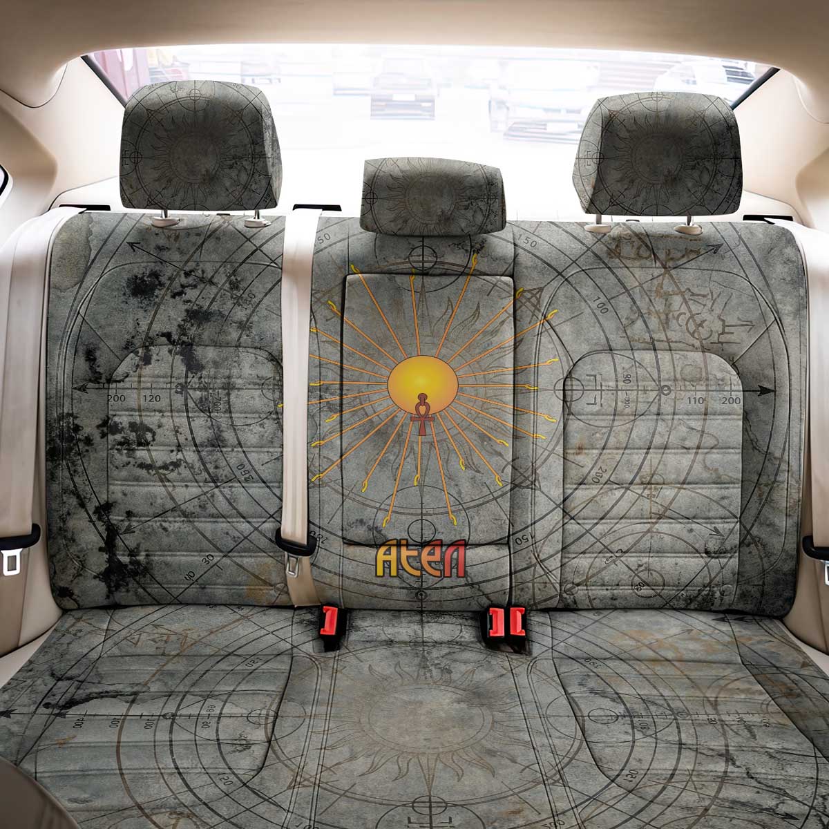 Aten Ancient Egyptian Back Car Seat Cover with Gray Astronomical Chart, Radiant Sun Disc Emblem, and Ankh - Wonder Print Shop
