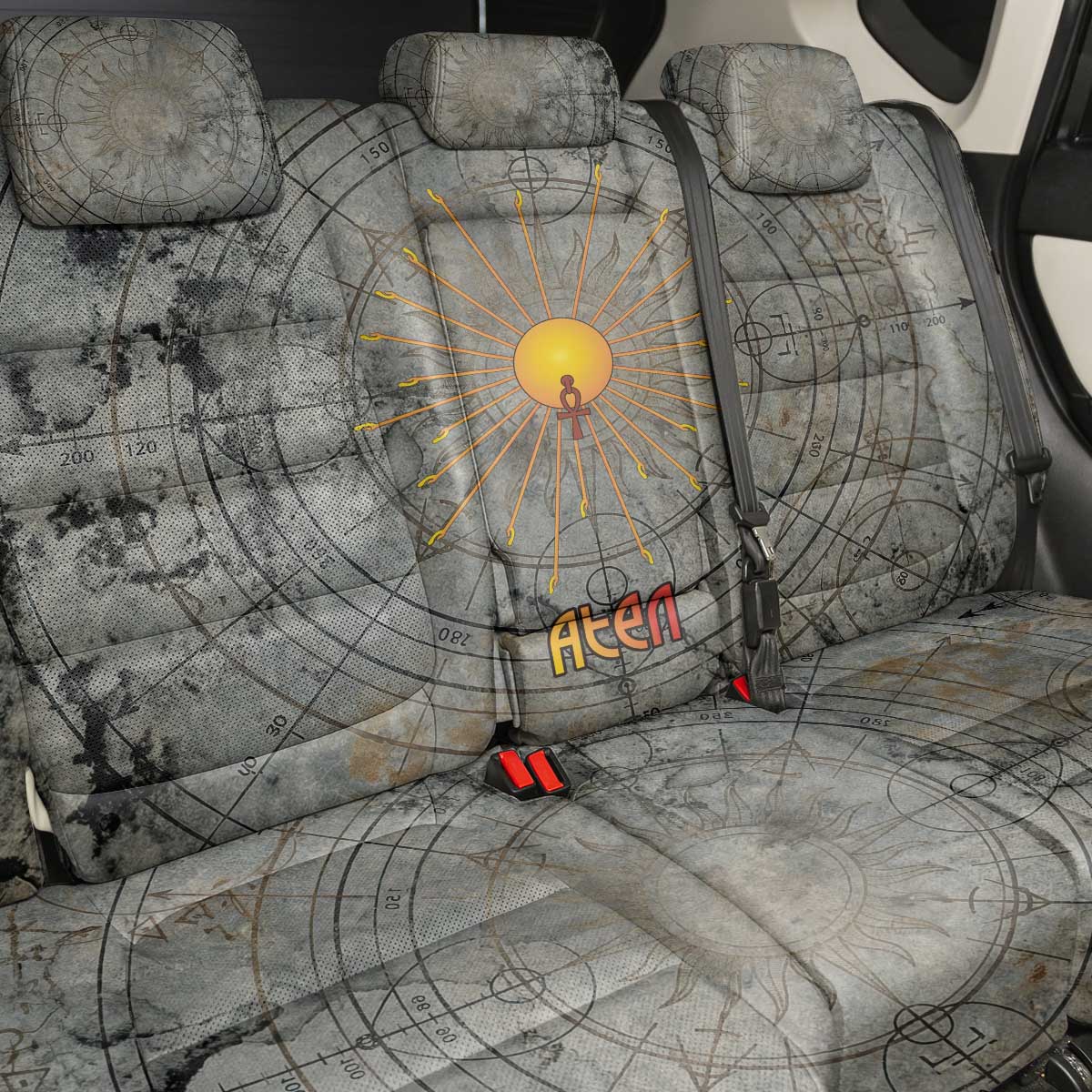 Aten Ancient Egyptian Back Car Seat Cover with Gray Astronomical Chart, Radiant Sun Disc Emblem, and Ankh - Wonder Print Shop