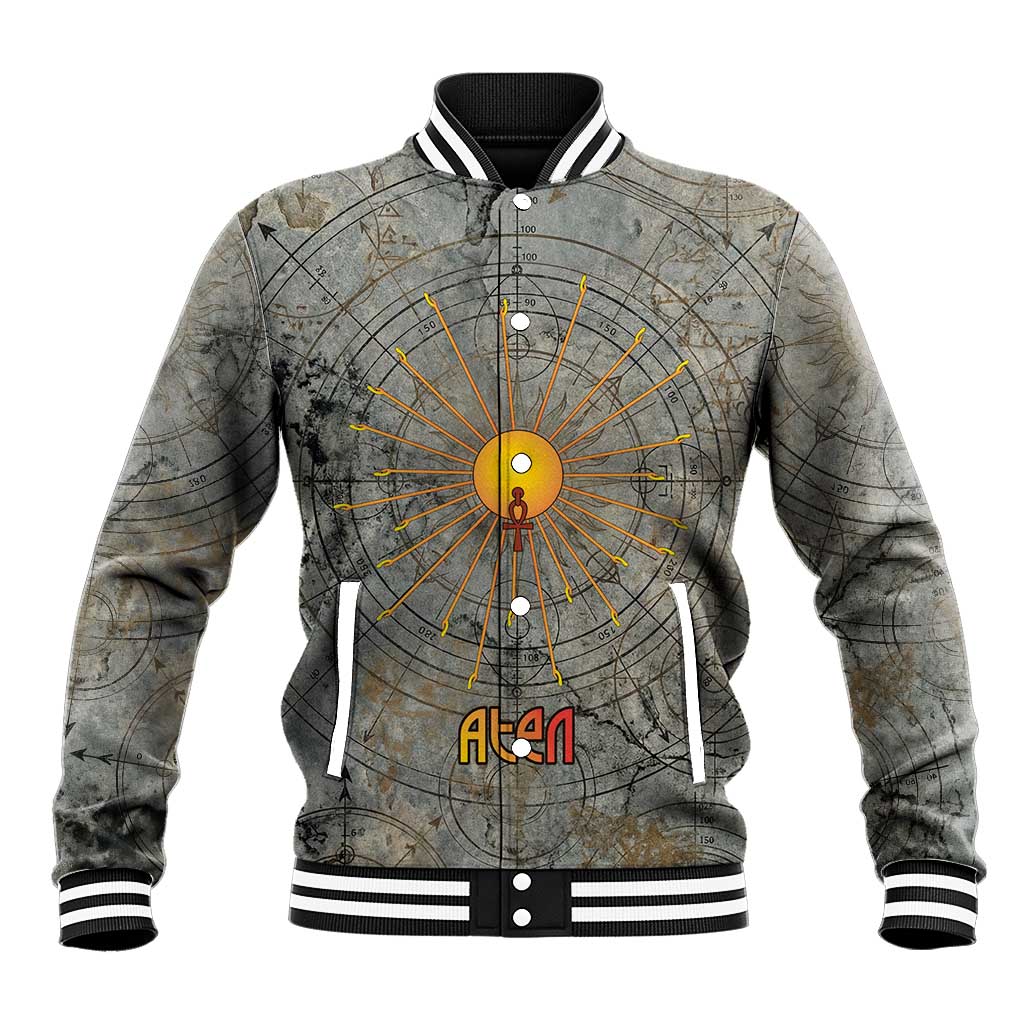 Aten Ancient Egyptian Baseball Jacket with Gray Astronomical Chart, Radiant Sun Disc Emblem, and Ankh - Wonder Print Shop