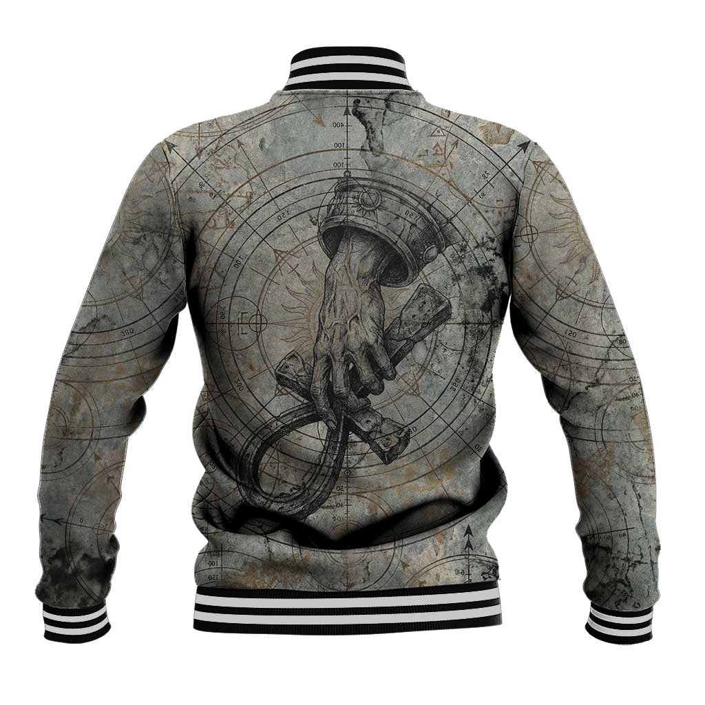 Aten Ancient Egyptian Baseball Jacket with Gray Astronomical Chart, Radiant Sun Disc Emblem, and Ankh - Wonder Print Shop