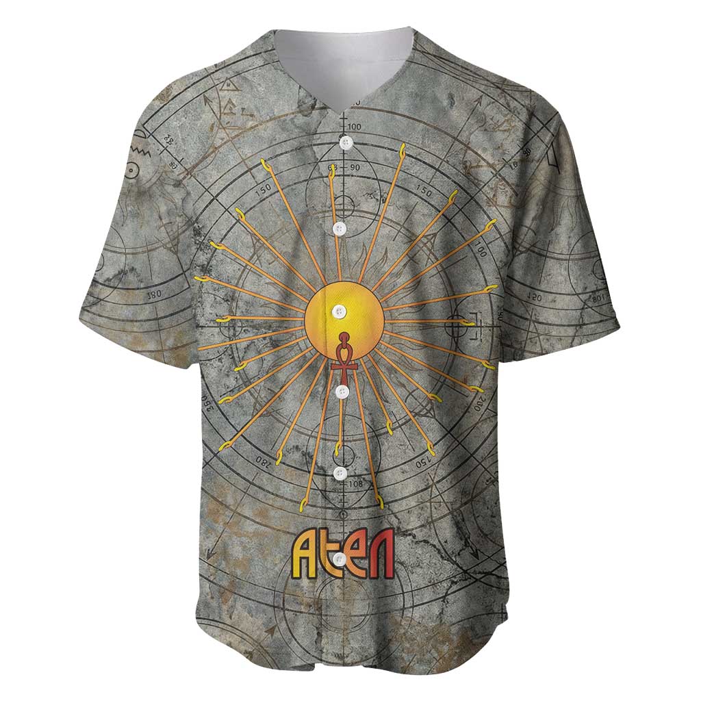 Aten Ancient Egyptian Baseball Jersey with Gray Astronomical Chart, Radiant Sun Disc Emblem, and Ankh - Wonder Print Shop