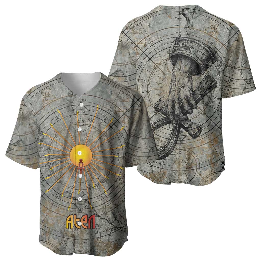 Aten Ancient Egyptian Baseball Jersey with Gray Astronomical Chart, Radiant Sun Disc Emblem, and Ankh - Wonder Print Shop
