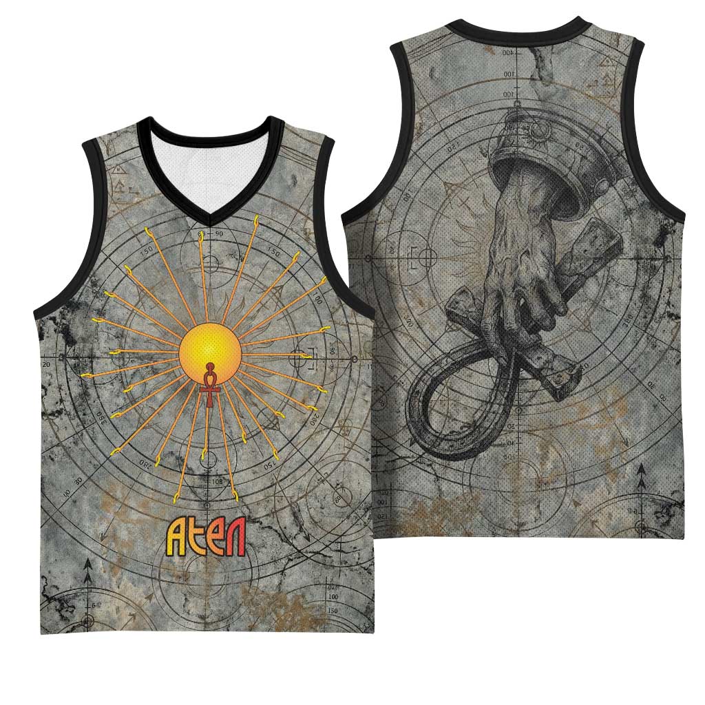 Aten Ancient Egyptian Basketball Jersey with Gray Astronomical Chart, Radiant Sun Disc Emblem, and Ankh - Wonder Print Shop