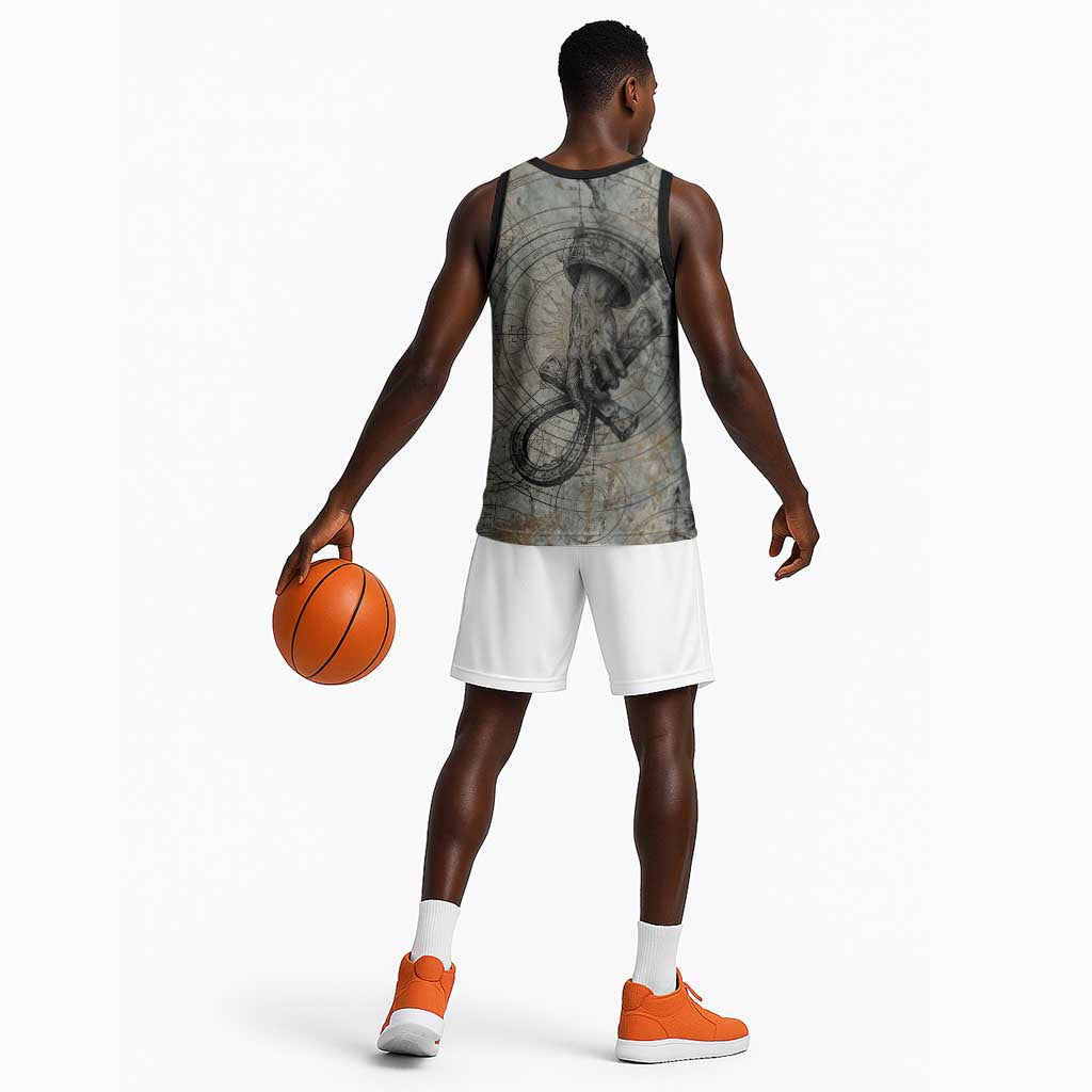 Aten Ancient Egyptian Basketball Jersey with Gray Astronomical Chart, Radiant Sun Disc Emblem, and Ankh - Wonder Print Shop
