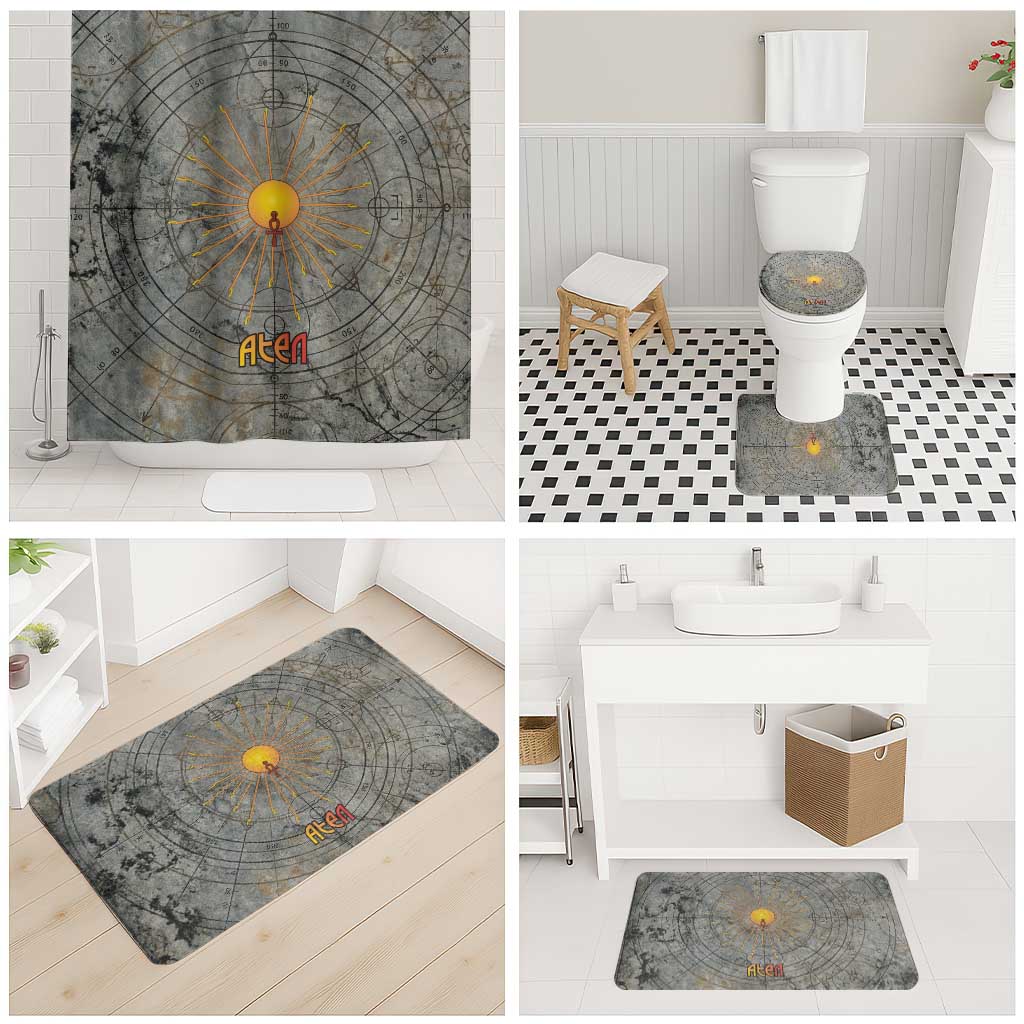 Aten Ancient Egyptian Bathroom Set with Gray Astronomical Chart, Radiant Sun Disc Emblem, and Ankh - Wonder Print Shop