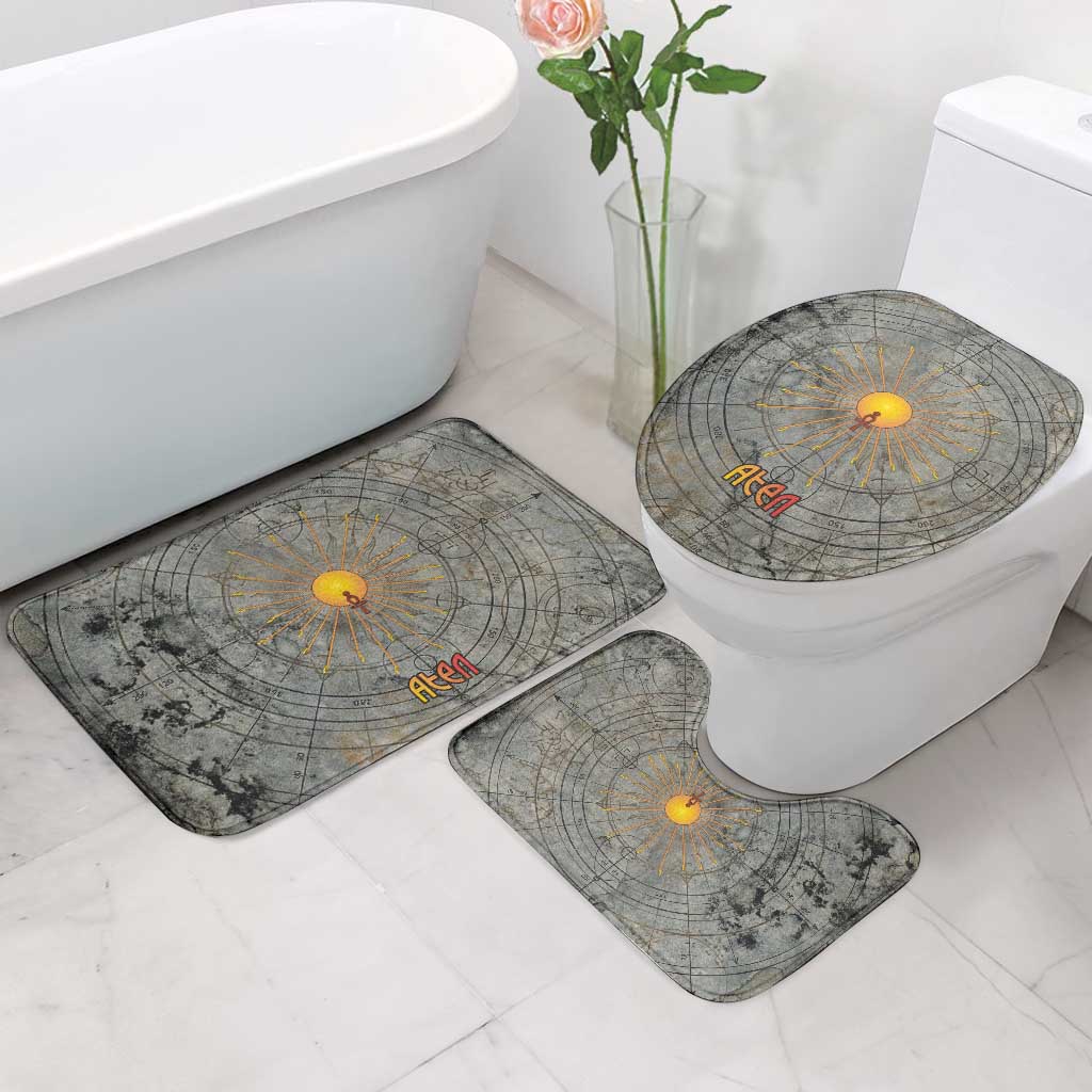 Aten Ancient Egyptian Bathroom Set with Gray Astronomical Chart, Radiant Sun Disc Emblem, and Ankh - Wonder Print Shop