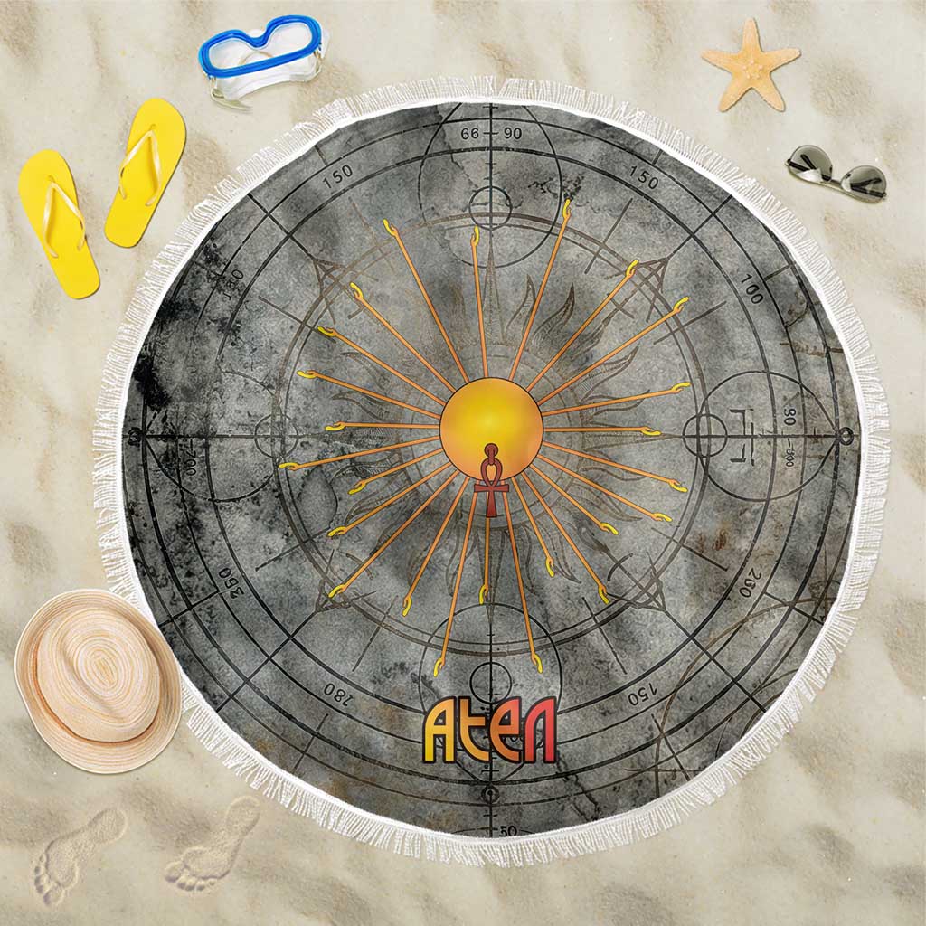 Aten Ancient Egyptian Beach Blanket with Gray Astronomical Chart, Radiant Sun Disc Emblem, and Ankh - Wonder Print Shop