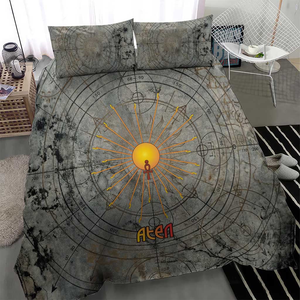 Aten Ancient Egyptian Bedding Set with Gray Astronomical Chart, Radiant Sun Disc Emblem, and Ankh - Wonder Print Shop