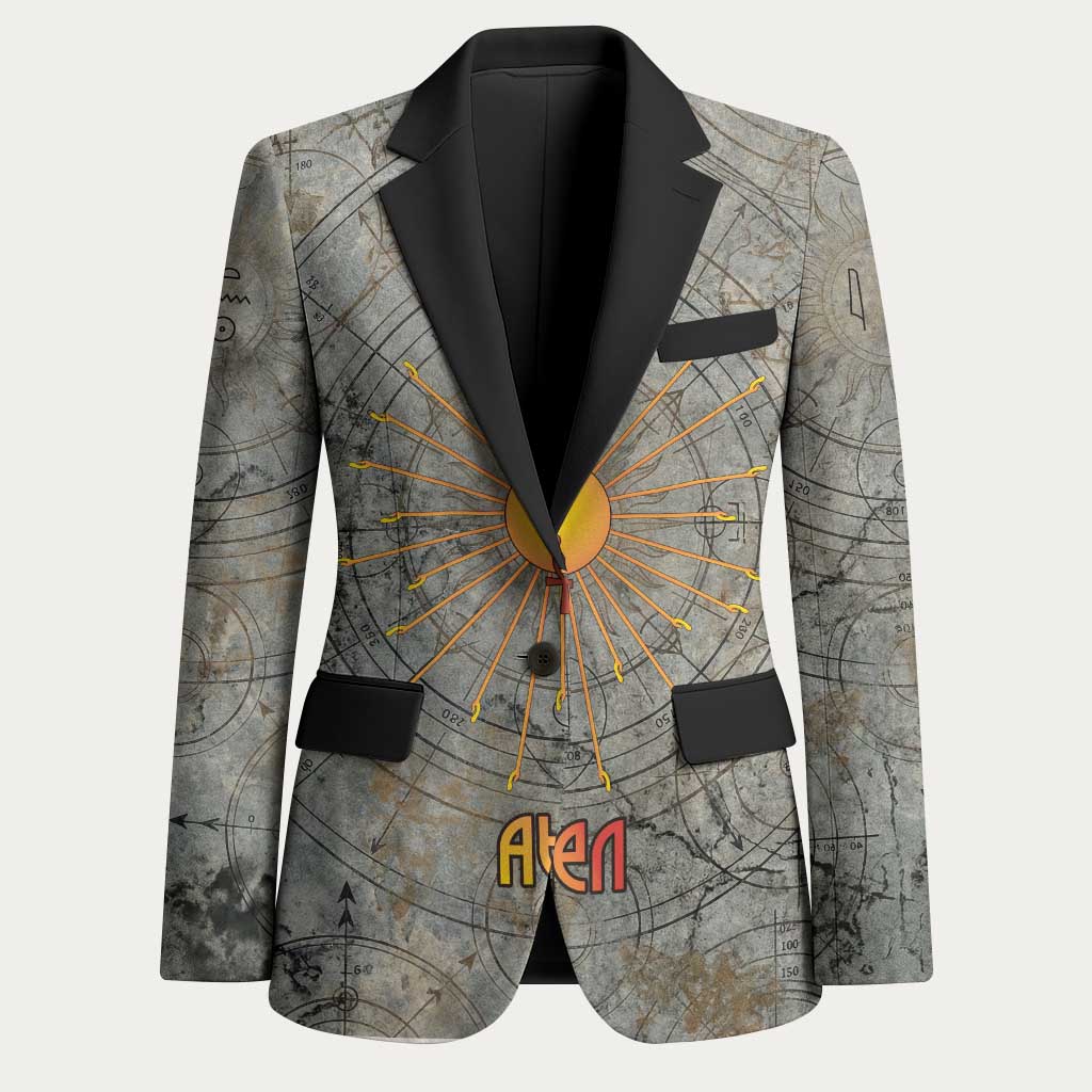 Aten Ancient Egyptian Blazer with Gray Astronomical Chart, Radiant Sun Disc Emblem, and Ankh - Wonder Print Shop