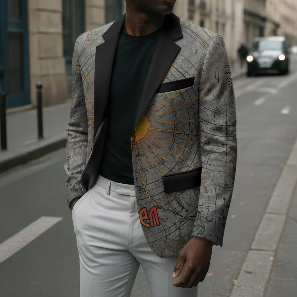 Aten Ancient Egyptian Blazer with Gray Astronomical Chart, Radiant Sun Disc Emblem, and Ankh - Wonder Print Shop