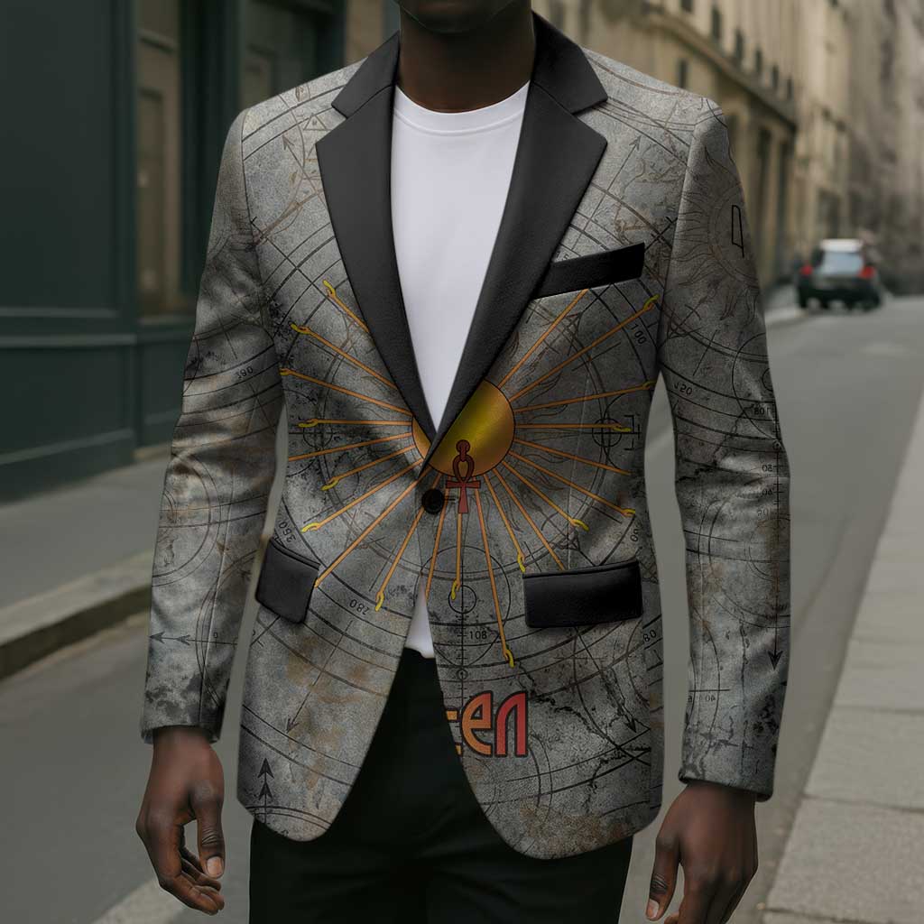 Aten Ancient Egyptian Blazer with Gray Astronomical Chart, Radiant Sun Disc Emblem, and Ankh - Wonder Print Shop
