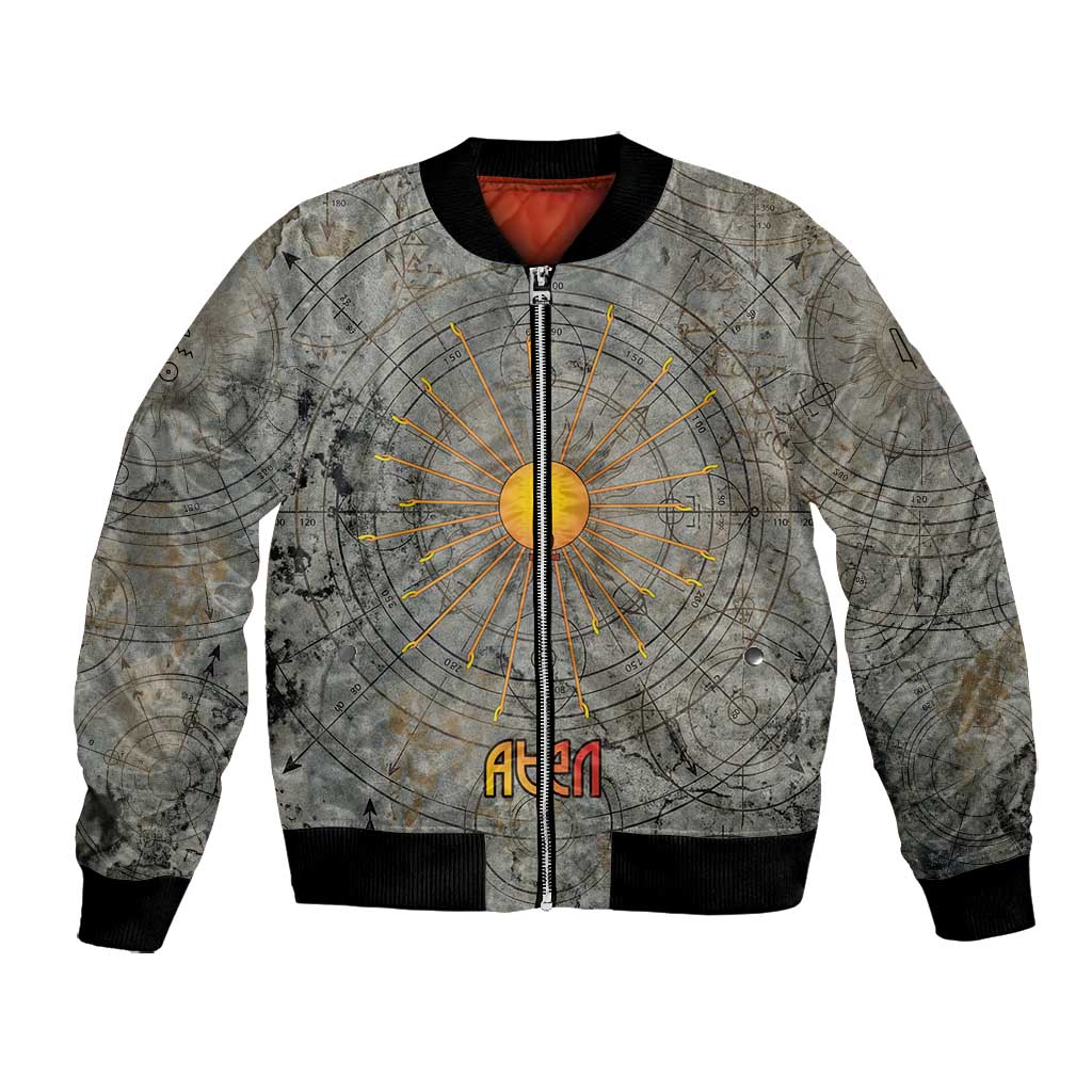 Aten Ancient Egyptian Bomber Jacket with Gray Astronomical Chart, Radiant Sun Disc Emblem, and Ankh - Wonder Print Shop