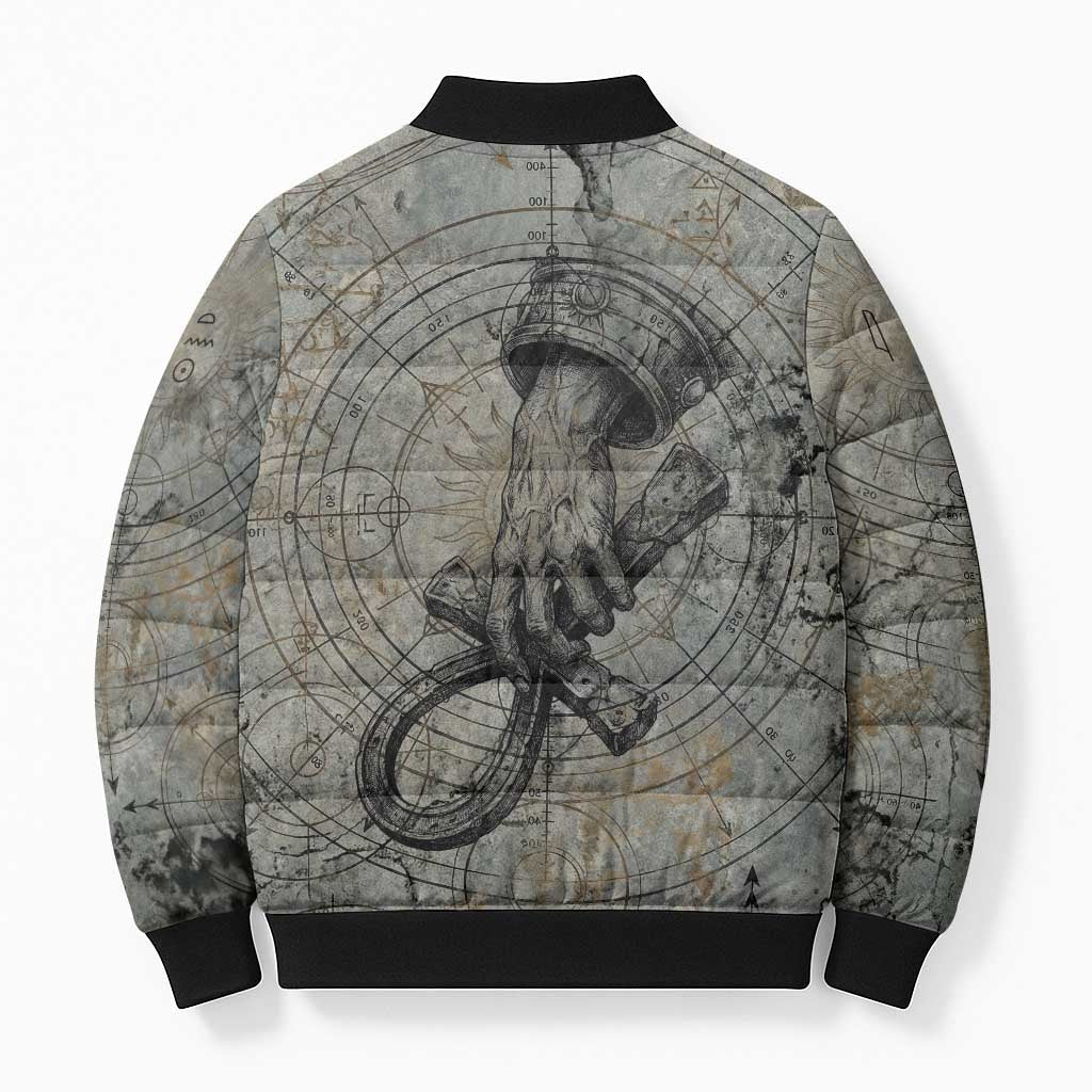 Aten Ancient Egyptian Bomber Puffer Jacket with Gray Astronomical Chart, Radiant Sun Disc Emblem, and Ankh - Wonder Print Shop