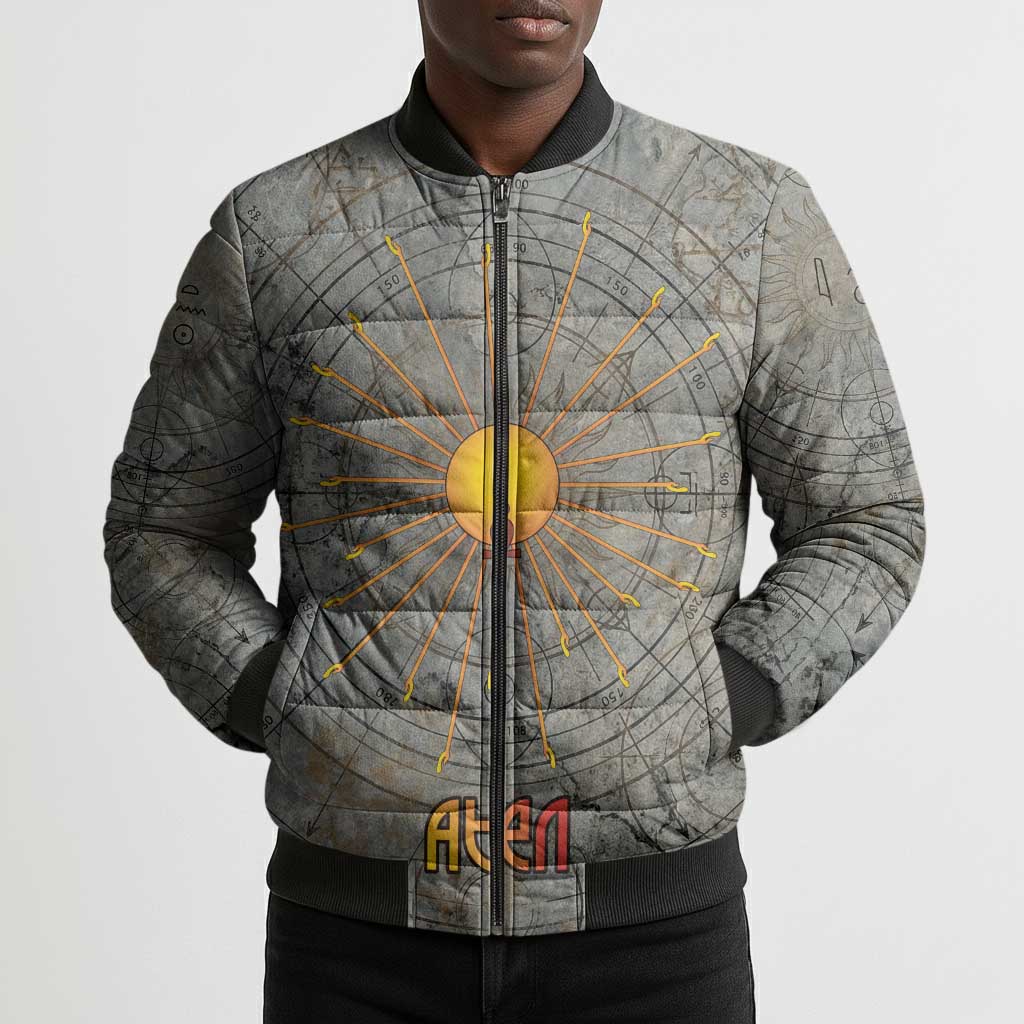 Aten Ancient Egyptian Bomber Puffer Jacket with Gray Astronomical Chart, Radiant Sun Disc Emblem, and Ankh - Wonder Print Shop