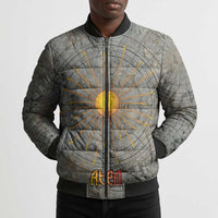 Aten Ancient Egyptian Bomber Puffer Jacket with Gray Astronomical Chart, Radiant Sun Disc Emblem, and Ankh - Wonder Print Shop