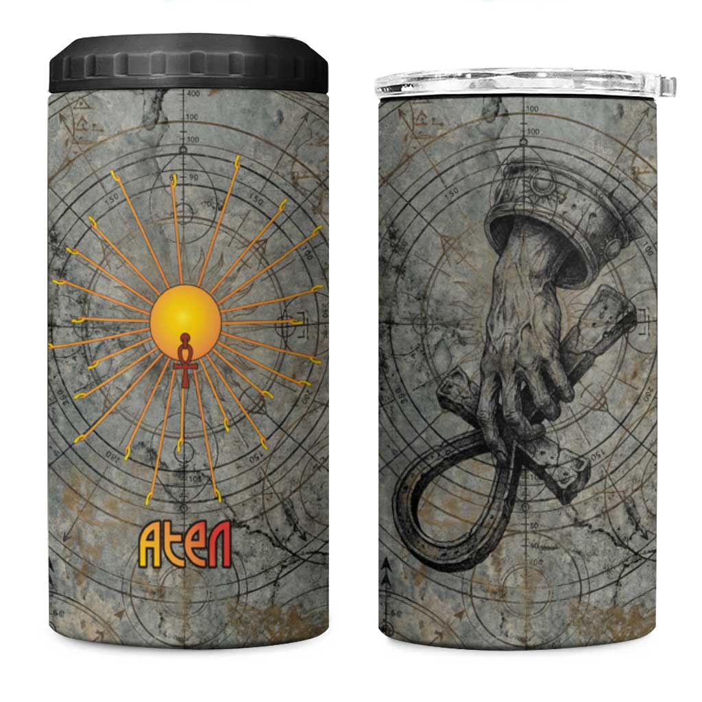 Aten Ancient Egyptian 4 in 1 Can Cooler Tumbler with Gray Astronomical Chart, Radiant Sun Disc Emblem, and Ankh - Wonder Print Shop