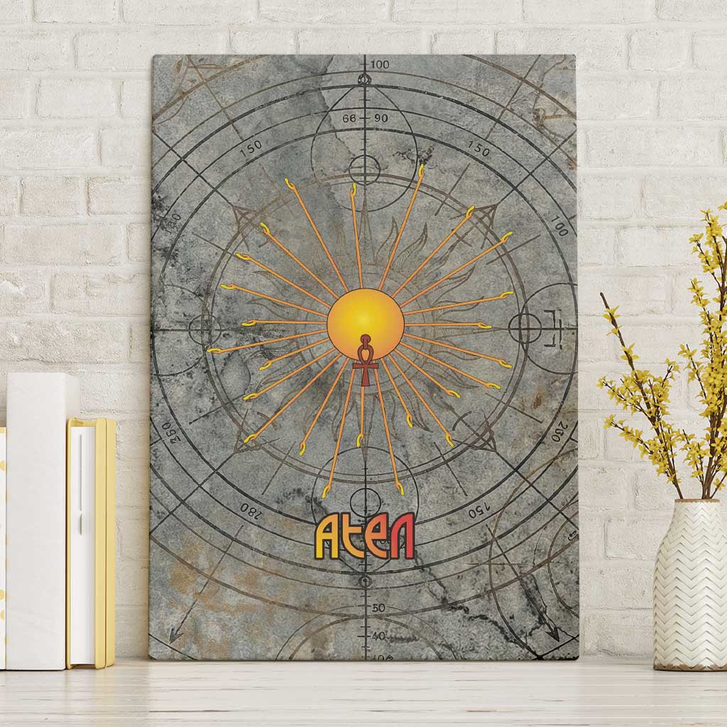 Aten Ancient Egyptian Canvas Wall Art with Gray Astronomical Chart, Radiant Sun Disc Emblem, and Ankh - Wonder Print Shop