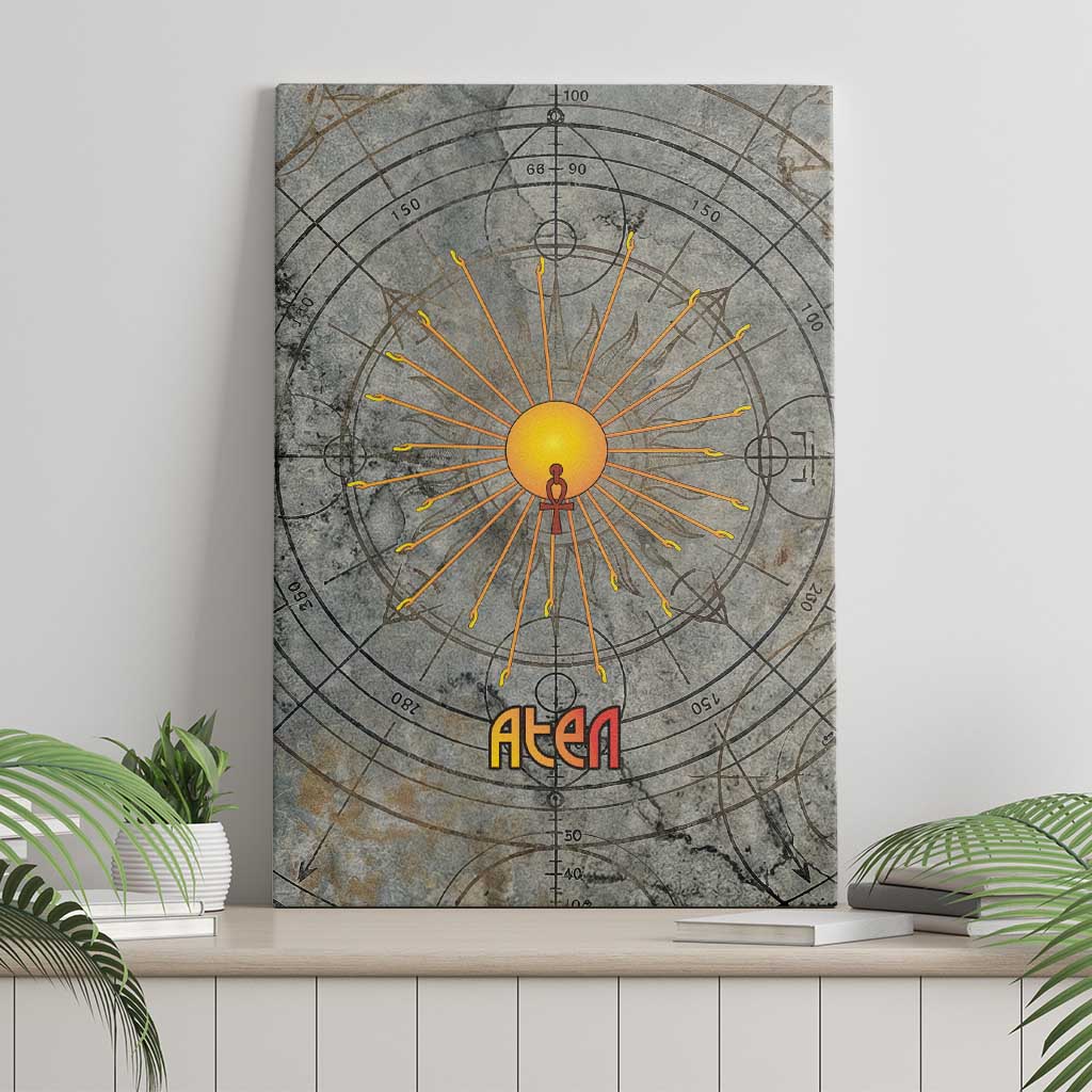 Aten Ancient Egyptian Canvas Wall Art with Gray Astronomical Chart, Radiant Sun Disc Emblem, and Ankh - Wonder Print Shop