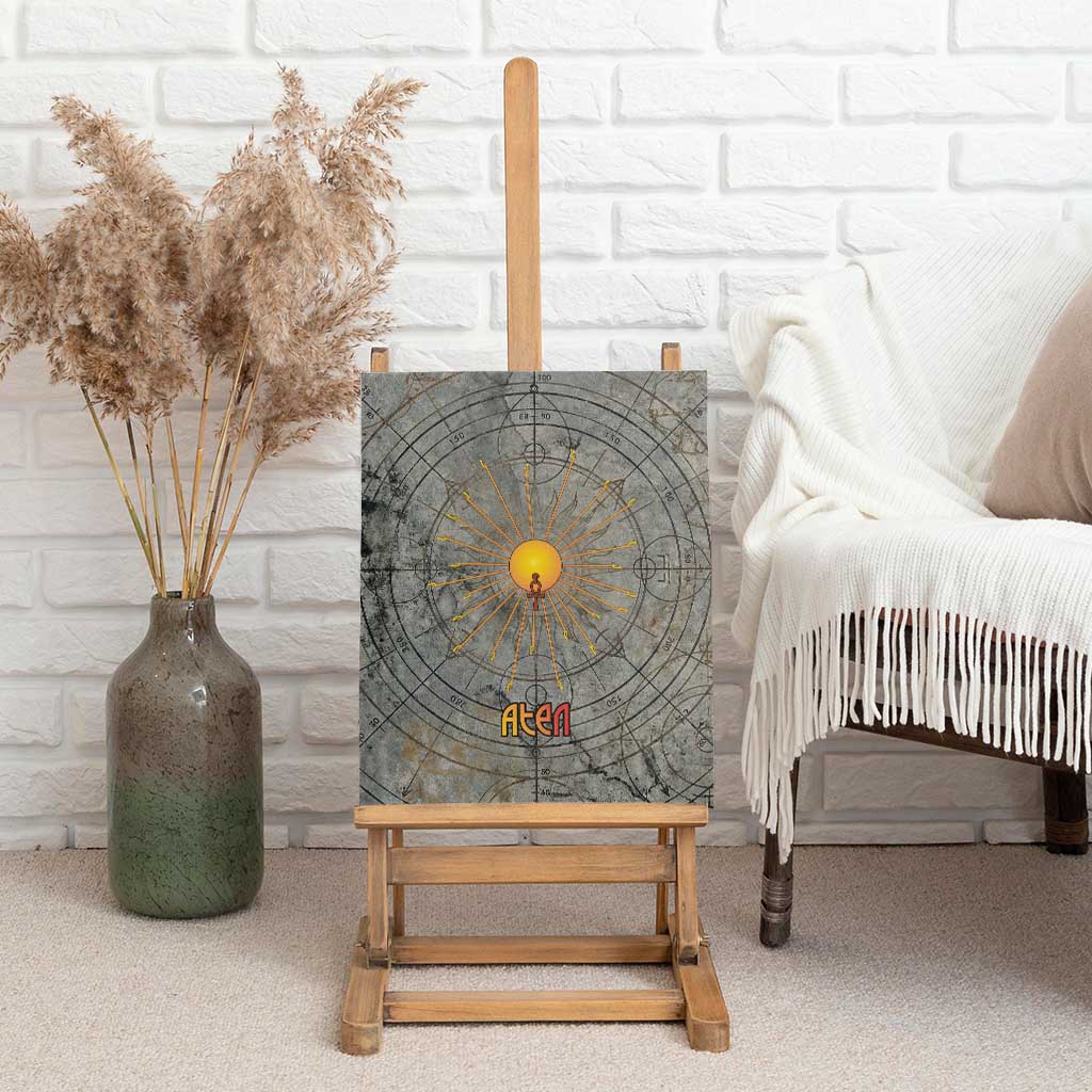 Aten Ancient Egyptian Canvas Wall Art with Gray Astronomical Chart, Radiant Sun Disc Emblem, and Ankh - Wonder Print Shop