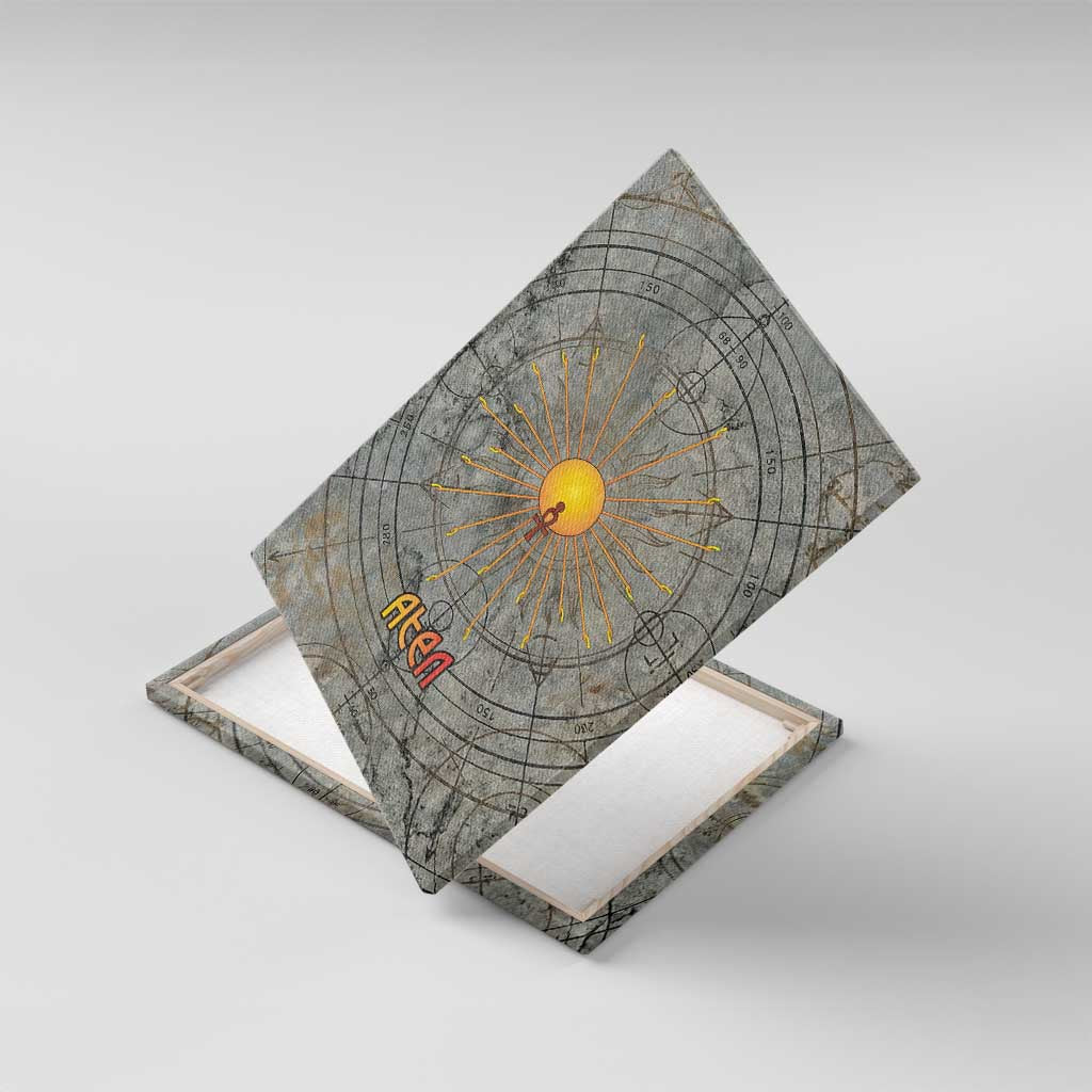 Aten Ancient Egyptian Canvas Wall Art with Gray Astronomical Chart, Radiant Sun Disc Emblem, and Ankh - Wonder Print Shop