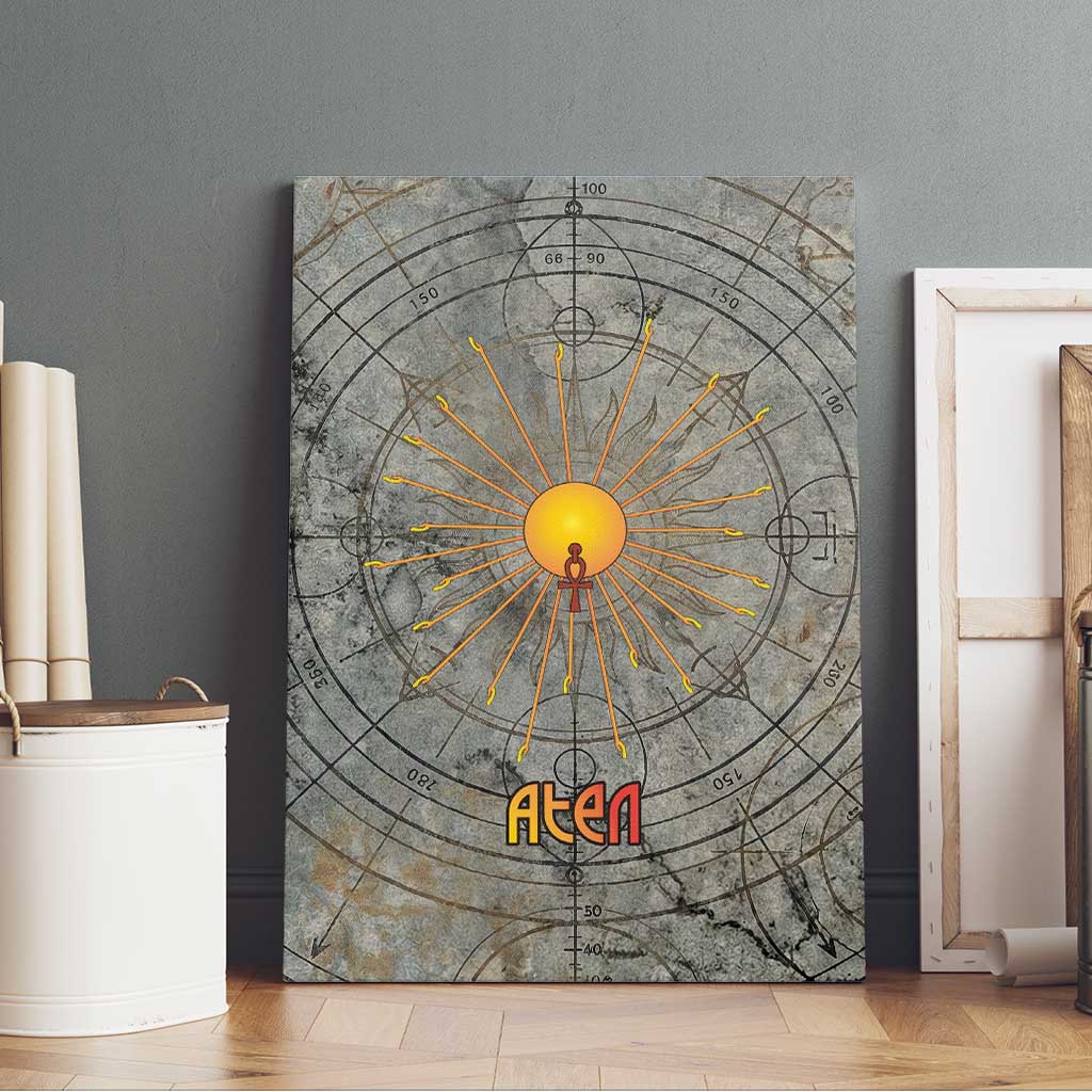 Aten Ancient Egyptian Canvas Wall Art with Gray Astronomical Chart, Radiant Sun Disc Emblem, and Ankh - Wonder Print Shop