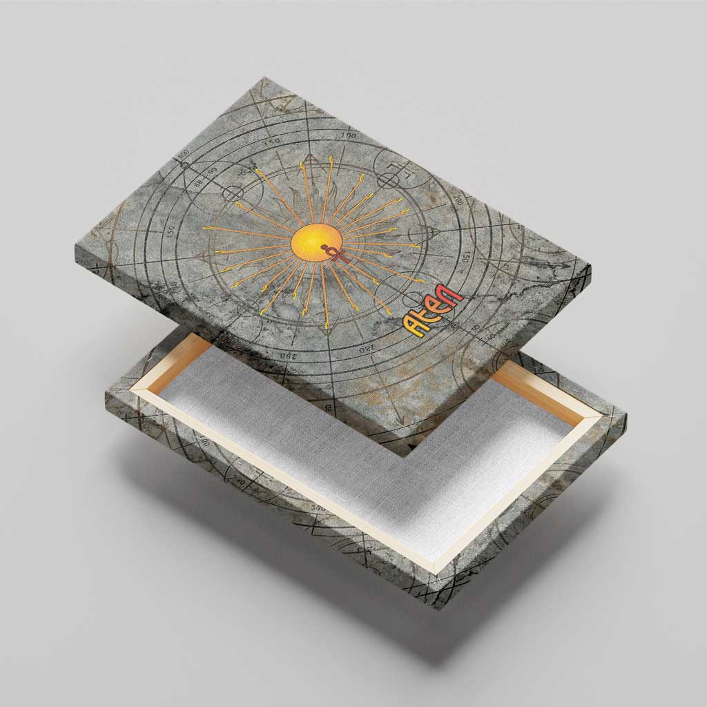 Aten Ancient Egyptian Canvas Wall Art with Gray Astronomical Chart, Radiant Sun Disc Emblem, and Ankh - Wonder Print Shop