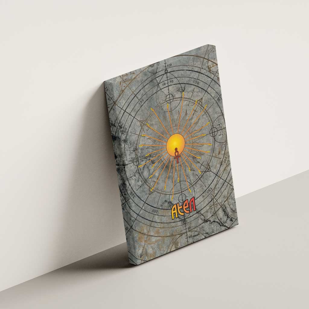 Aten Ancient Egyptian Canvas Wall Art with Gray Astronomical Chart, Radiant Sun Disc Emblem, and Ankh - Wonder Print Shop