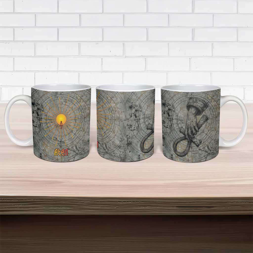 Aten Ancient Egyptian Ceramic Mug with Gray Astronomical Chart, Radiant Sun Disc Emblem, and Ankh - Wonder Print Shop