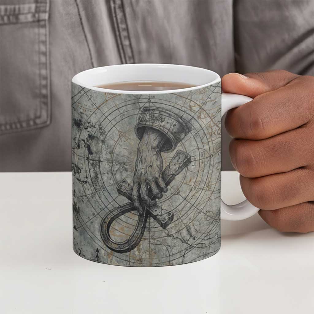 Aten Ancient Egyptian Ceramic Mug with Gray Astronomical Chart, Radiant Sun Disc Emblem, and Ankh - Wonder Print Shop