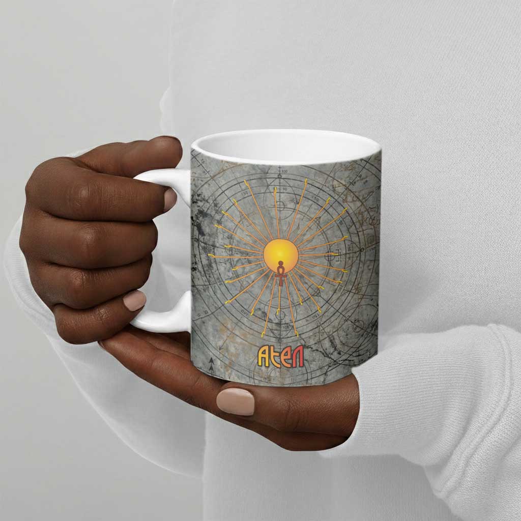 Aten Ancient Egyptian Ceramic Mug with Gray Astronomical Chart, Radiant Sun Disc Emblem, and Ankh - Wonder Print Shop