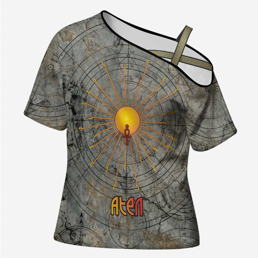 Aten Ancient Egyptian Cross Shoulder Shirt with Gray Astronomical Chart, Radiant Sun Disc Emblem, and Ankh - Wonder Print Shop