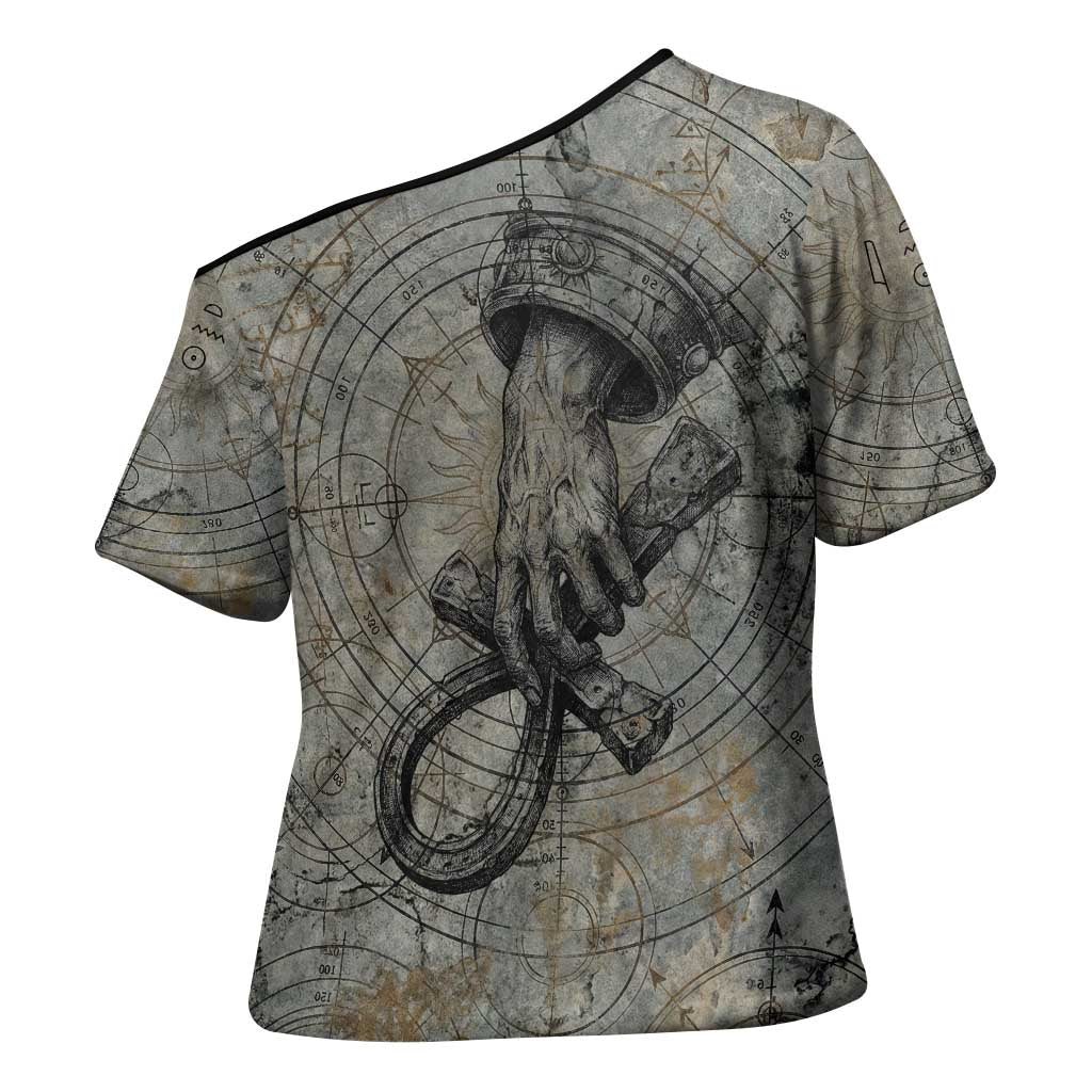 Aten Ancient Egyptian Cross Shoulder Shirt with Gray Astronomical Chart, Radiant Sun Disc Emblem, and Ankh - Wonder Print Shop