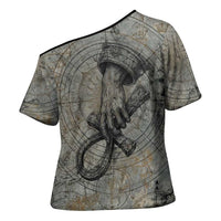 Aten Ancient Egyptian Cross Shoulder Shirt with Gray Astronomical Chart, Radiant Sun Disc Emblem, and Ankh - Wonder Print Shop