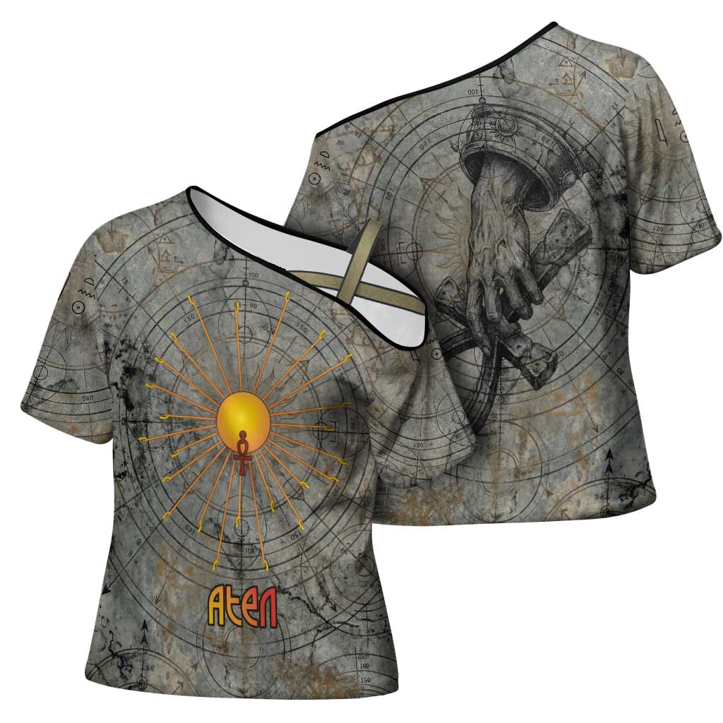 Aten Ancient Egyptian Cross Shoulder Shirt with Gray Astronomical Chart, Radiant Sun Disc Emblem, and Ankh - Wonder Print Shop